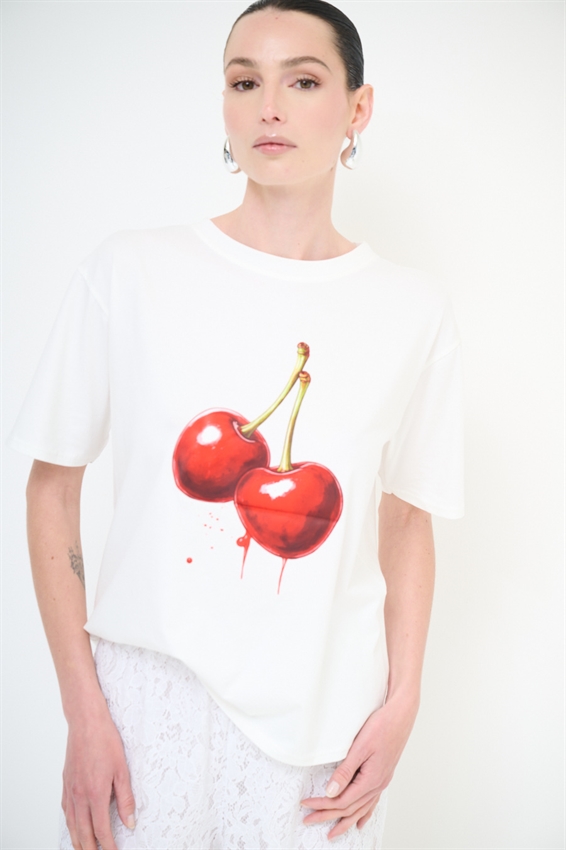 T-SHIRT EFFETTO MARMORIZZATO STAMPA CILIEGIA BIANCO