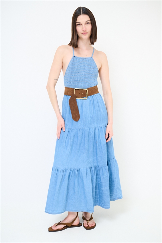 ABITO LUNGO PUNTO SMOKE + INTRECCIO DIETRO DENIM
