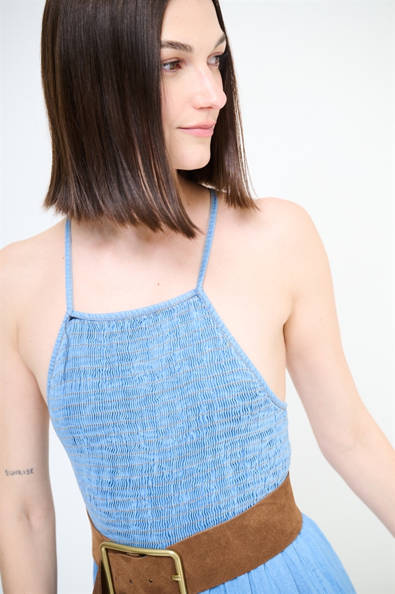 ABITO LUNGO PUNTO SMOKE + INTRECCIO DIETRO DENIM