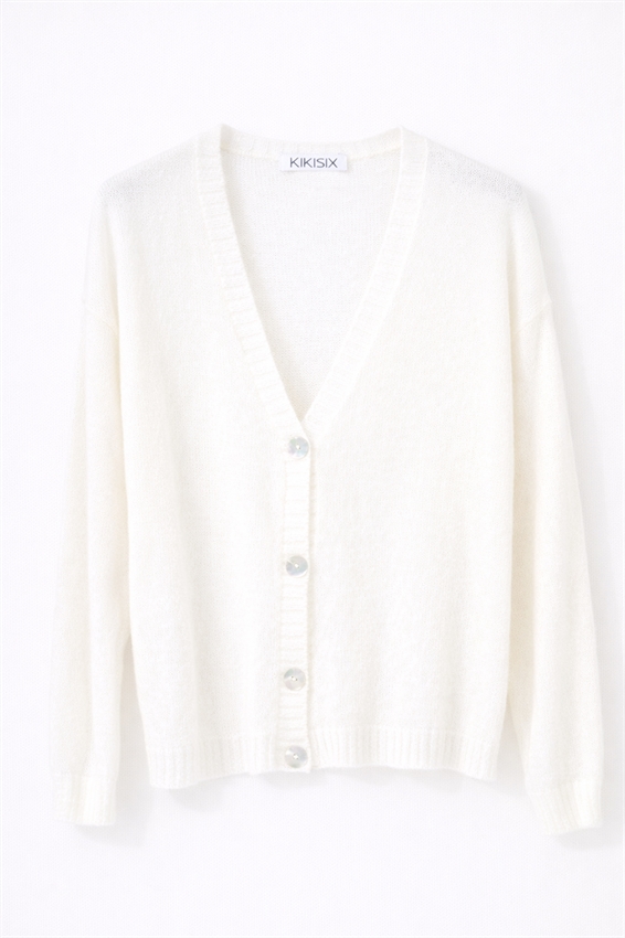 CARDIGAN SCOLLO V IN MISTO MOHAIR PANNA