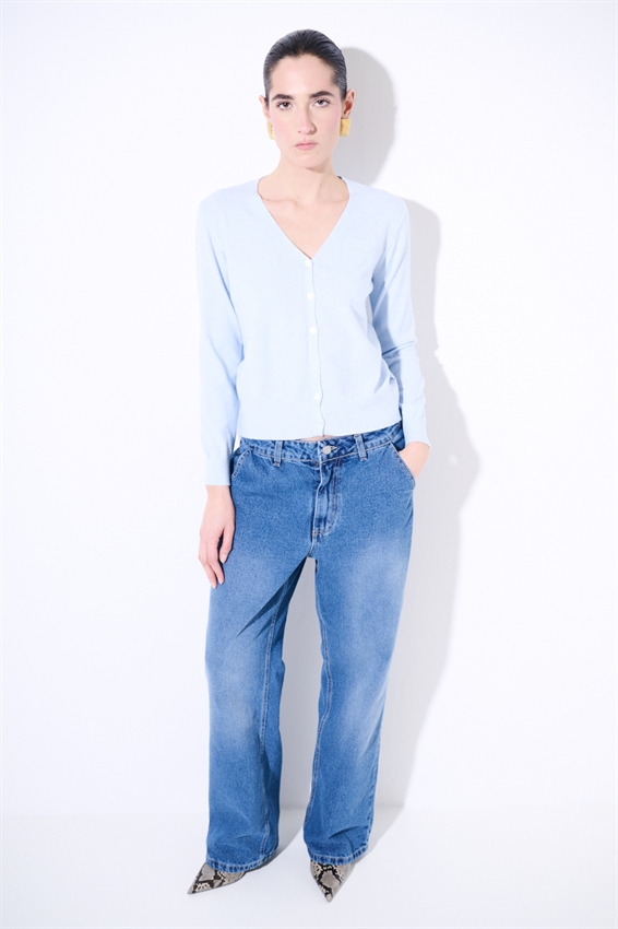 CARDIGAN IN VISCOSA BASIC CON SCOLLO V CELESTE