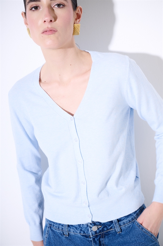 CARDIGAN IN VISCOSA BASIC CON SCOLLO V CELESTE