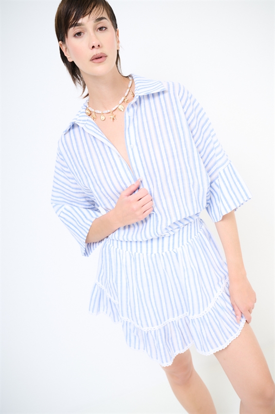 CAMICIA OVER A MEZZA MANICA RIGATA CON RICAMO