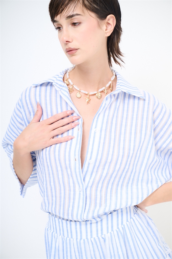 CAMICIA OVER A MEZZA MANICA RIGATA CON RICAMO