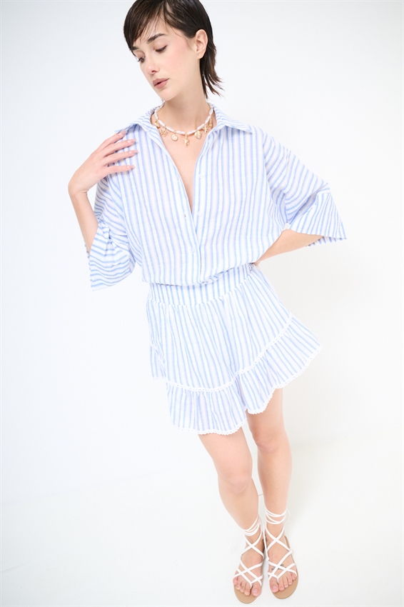 CAMICIA OVER A MEZZA MANICA RIGATA CON RICAMO
