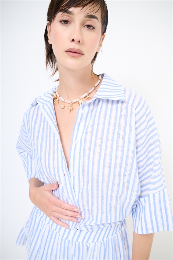 CAMICIA OVER A MEZZA MANICA RIGATA CON RICAMO