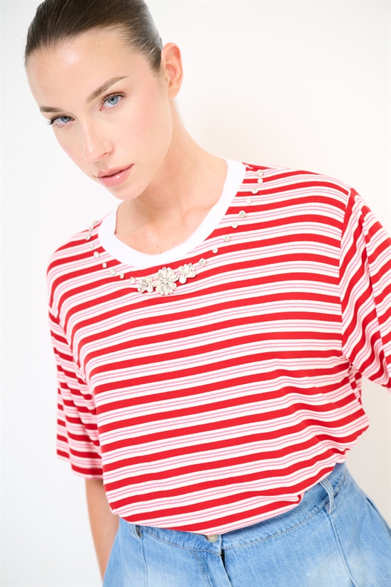 T-SHIRT SCATOLINA RIGA CON APPLICAZIONI VISCOSA