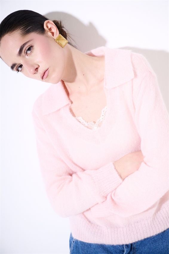 MAGLIA SCOLLO A V IN MISTO MOHAIR ROSA