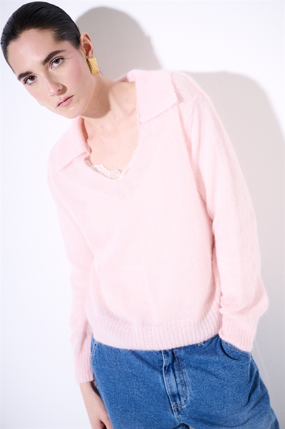 MAGLIA SCOLLO A V IN MISTO MOHAIR ROSA