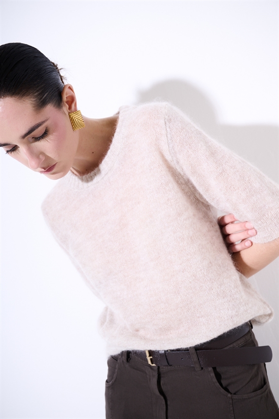 MAGLIA PARICOLLO IN MISTO MOHAIR A MEZZA MANICA ECRU