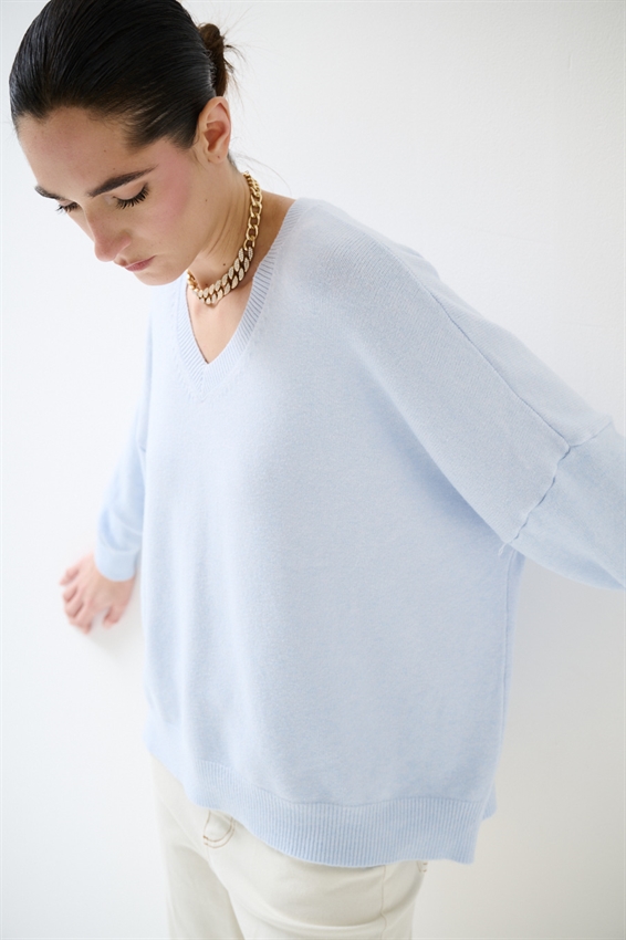 MAGLIA BASIC IN VISCOSA CON SCOLLO V CELESTE