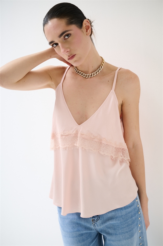 TOP RASO CON INSERTI PIZZO ROSA
