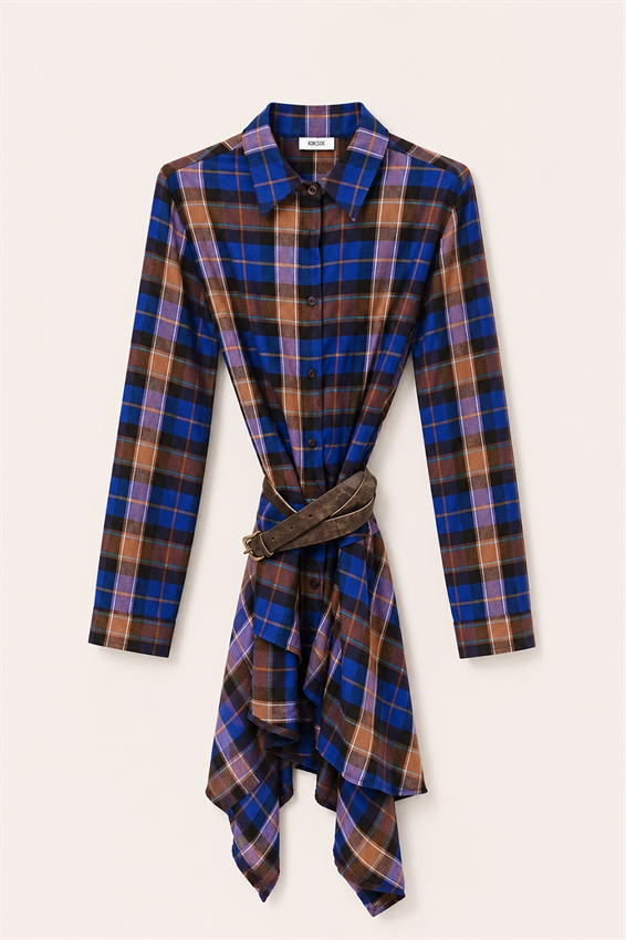 CAMICIA A QUADRI ASIMMETRICA CON CINTURA