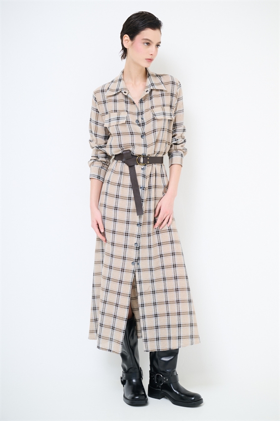 ABITO CHEMISIER A QUADRI CON CINTURA E BOTT. CAMMELLO