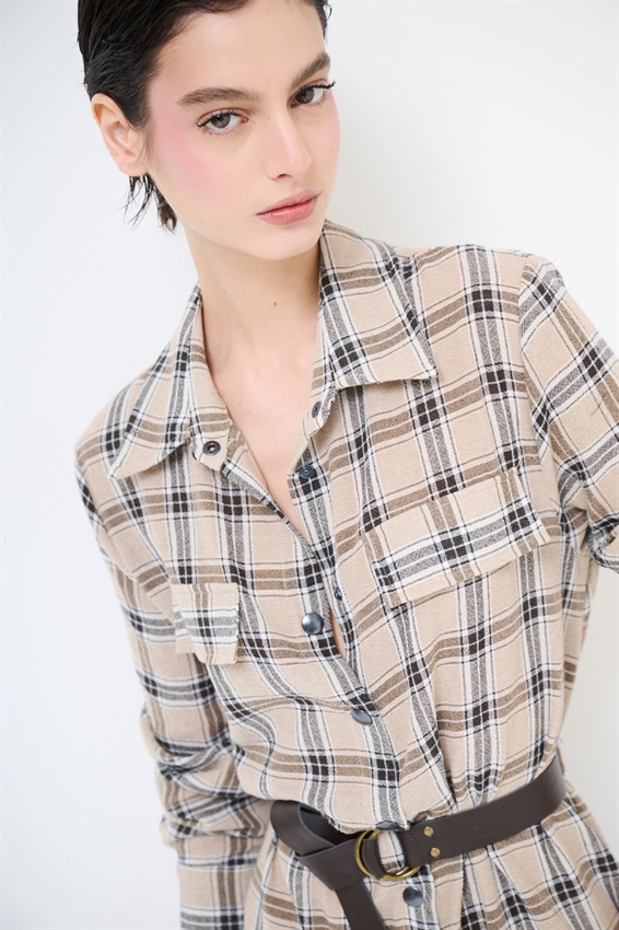 ABITO CHEMISIER A QUADRI CON CINTURA E BOTT. CAMMELLO