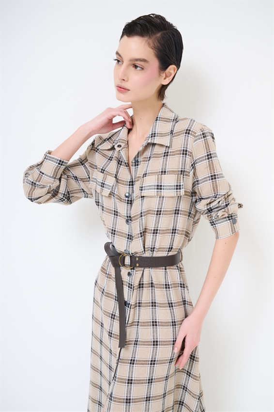 ABITO CHEMISIER A QUADRI CON CINTURA E BOTT. CAMMELLO