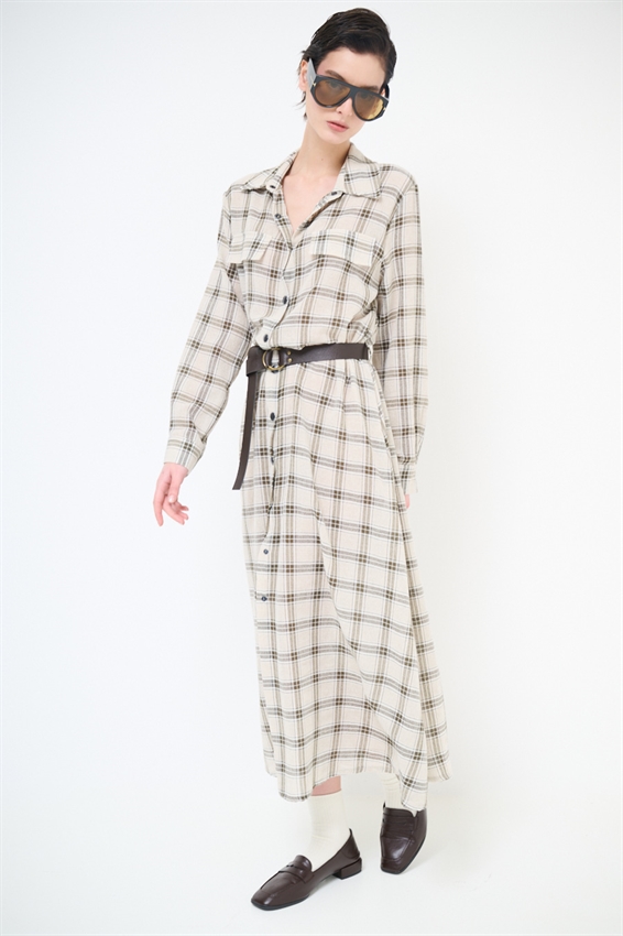 ABITO CHEMISIER A QUADRI CON CINTURA E BOTT. VERDE MILITARE