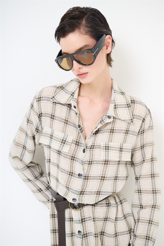 ABITO CHEMISIER A QUADRI CON CINTURA E BOTT. VERDE MILITARE