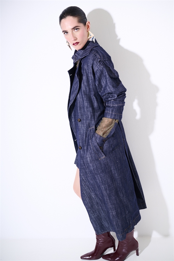 TRENCH LUNGO IN DENIM CON CINTURA