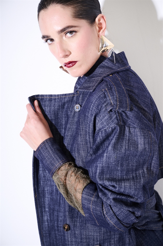 TRENCH LUNGO IN DENIM CON CINTURA