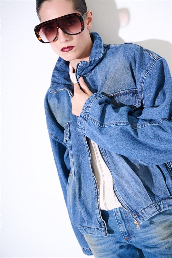 BOMBER DENIM COLLO IMBUTO SABBIATO CON ZIP