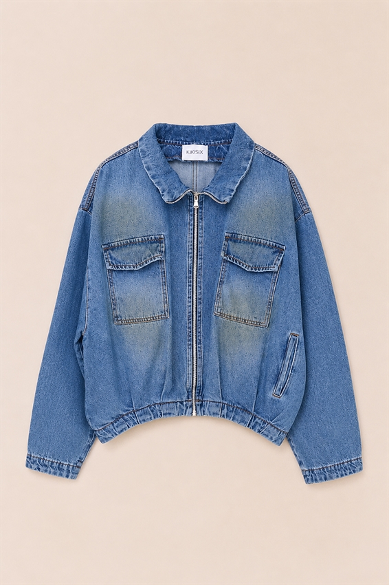 BOMBER DENIM COLLO IMBUTO SABBIATO CON ZIP