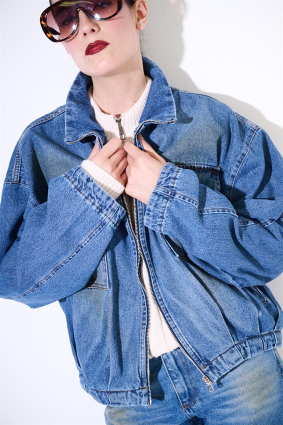 BOMBER DENIM COLLO IMBUTO SABBIATO CON ZIP