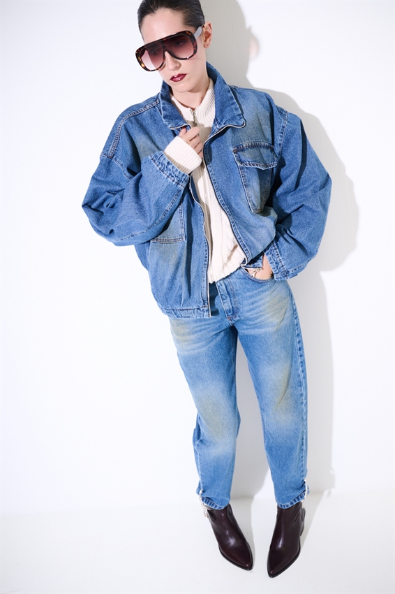 BOMBER DENIM COLLO IMBUTO SABBIATO CON ZIP