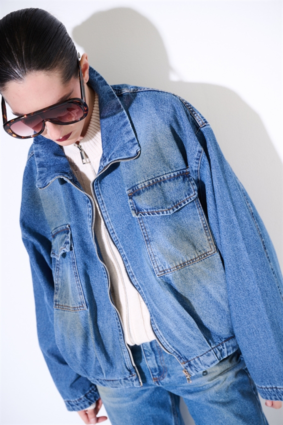 BOMBER DENIM COLLO IMBUTO SABBIATO CON ZIP