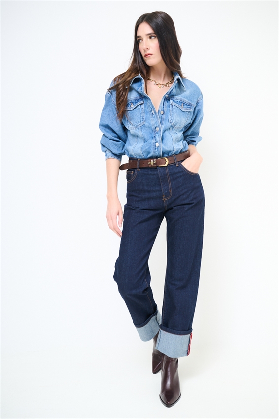 JEANS DRITTO SCURO CON RISVOLTO E CIMOSA