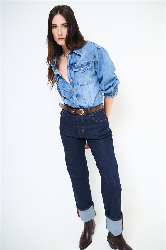 JEANS DRITTO SCURO CON RISVOLTO E CIMOSA