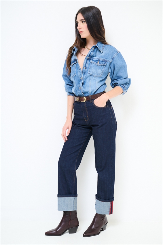 JEANS DRITTO SCURO CON RISVOLTO E CIMOSA