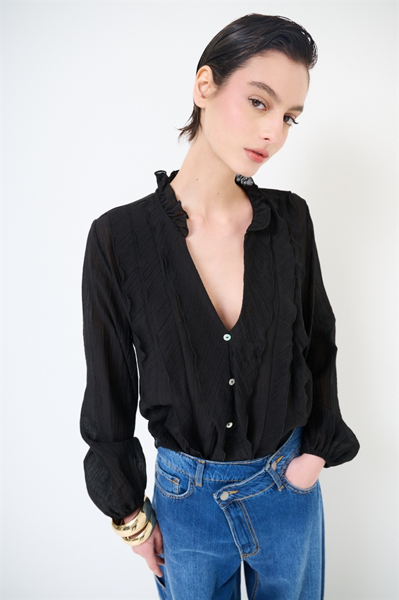 BLUSA CON ROUCHES E BOTTONI NERO