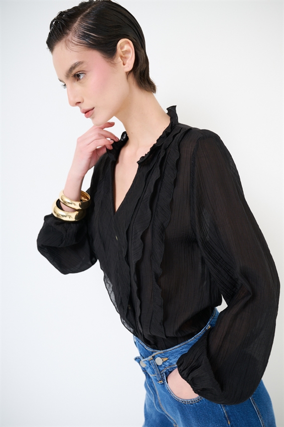 BLUSA CON ROUCHES E BOTTONI NERO