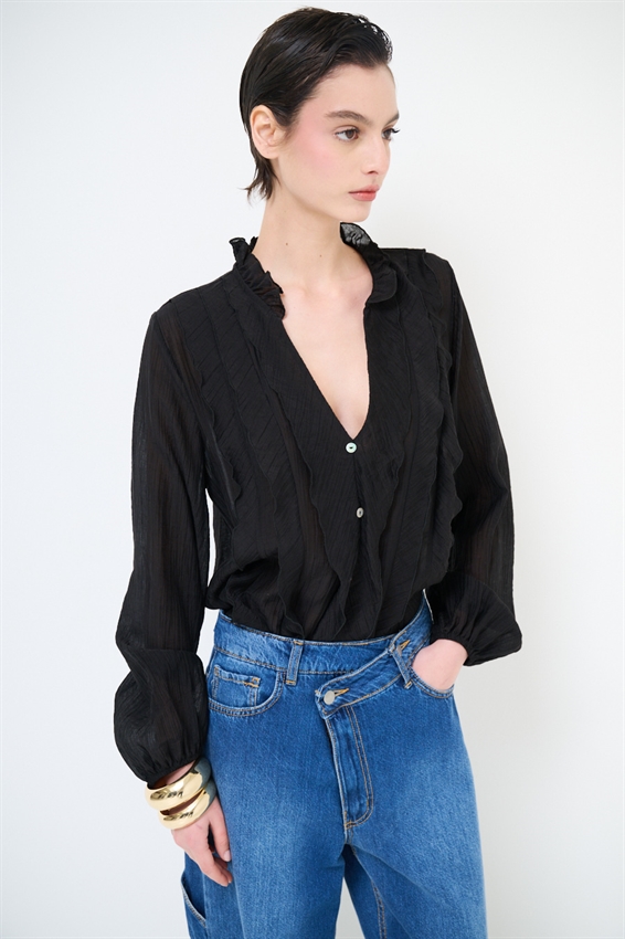 BLUSA CON ROUCHES E BOTTONI NERO