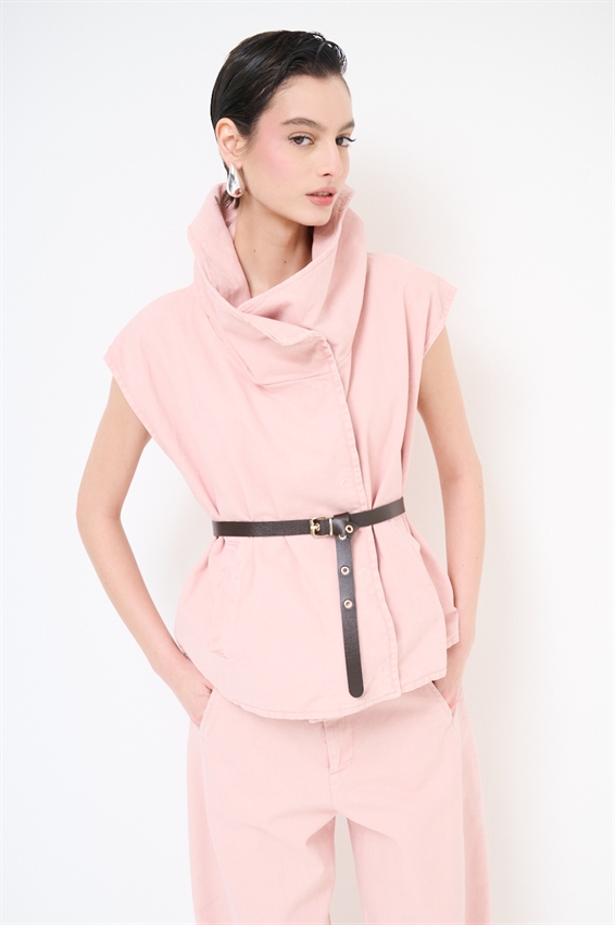 GILET COLLO AMPIO + CINTURA ROSA