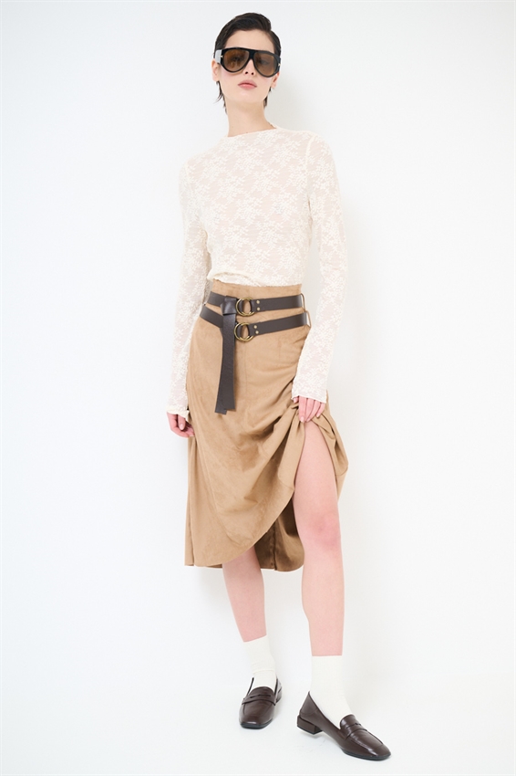 GONNA MIDI SVASATA SUEDE CON DOPPIA CINTURA CAMMELLO