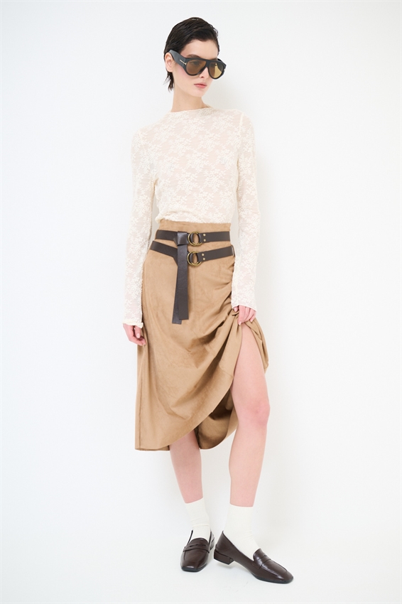 GONNA MIDI SVASATA SUEDE CON DOPPIA CINTURA CAMMELLO