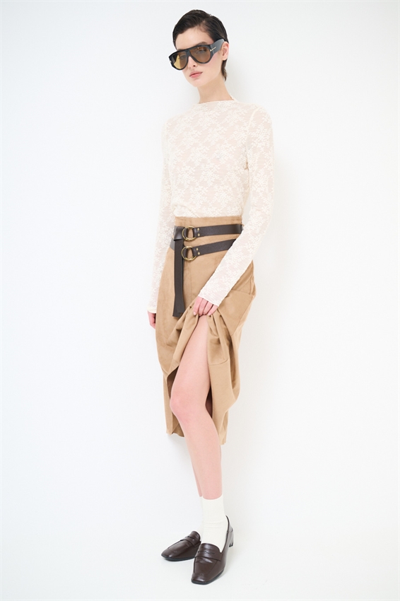 GONNA MIDI SVASATA SUEDE CON DOPPIA CINTURA CAMMELLO