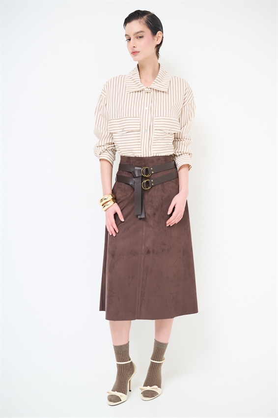 GONNA MIDI SVASATA SUEDE CON DOPPIA CINTURA MORO