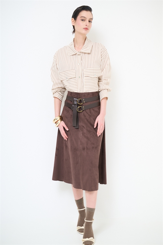 GONNA MIDI SVASATA SUEDE CON DOPPIA CINTURA MORO