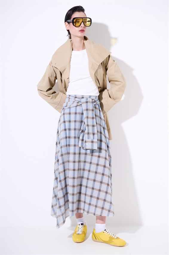 GONNA MIDI SVASATA A QUADRI CELESTE