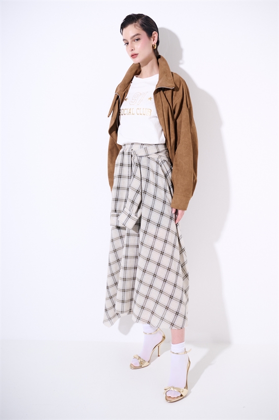 GONNA MIDI SVASATA A QUADRI VERDE MILITARE