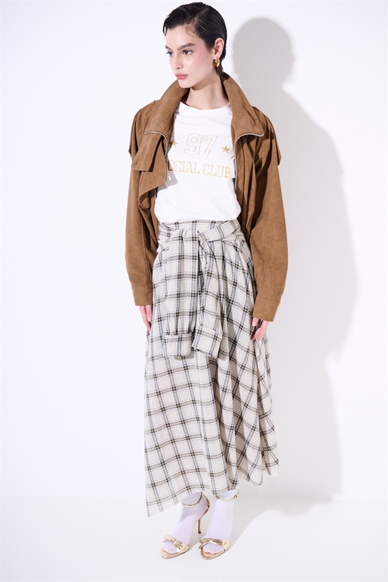 GONNA MIDI SVASATA A QUADRI VERDE MILITARE