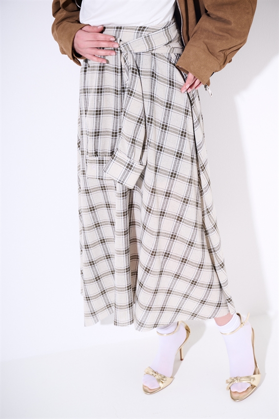 GONNA MIDI SVASATA A QUADRI VERDE MILITARE