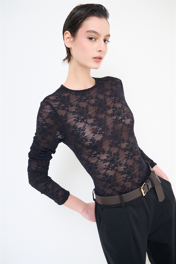 BODY IN PIZZO MANICA LUNGA NERO