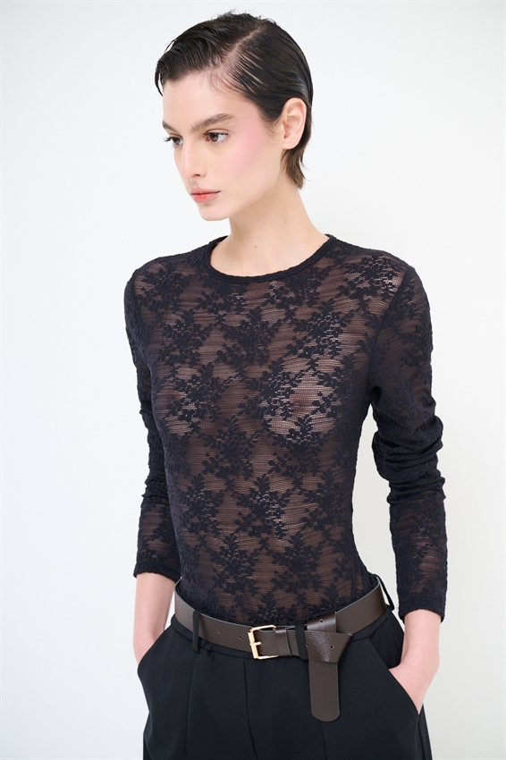 BODY IN PIZZO MANICA LUNGA NERO