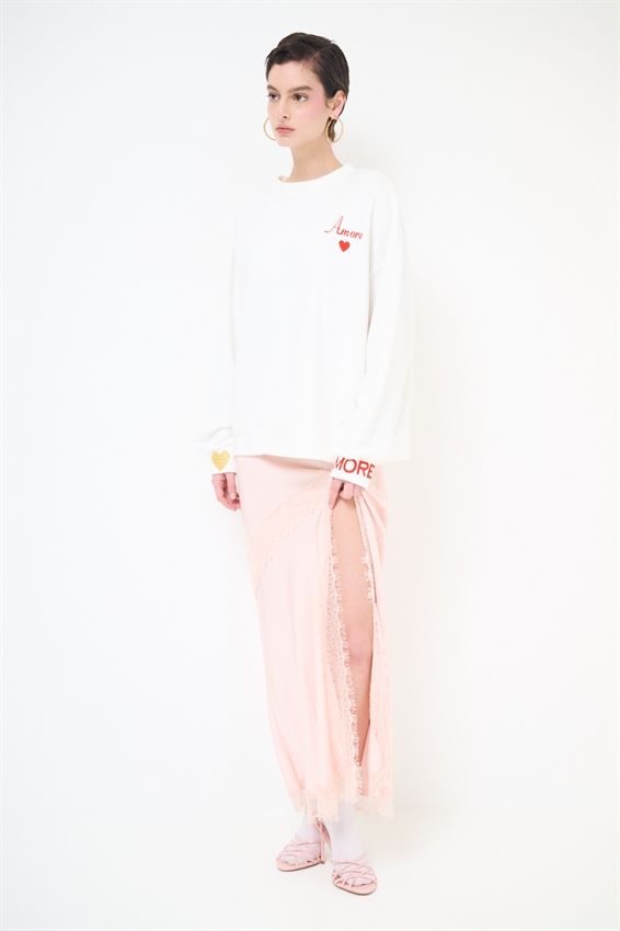 FELPA BASIC PARICOLLO RICAMO AMORE PANNA