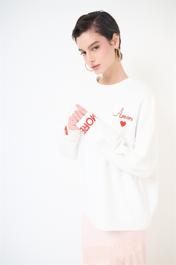 FELPA BASIC PARICOLLO RICAMO AMORE PANNA