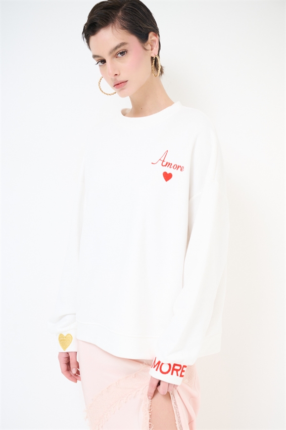 FELPA BASIC PARICOLLO RICAMO AMORE PANNA